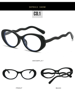 Three-angle view of oval black eyeglasses featuring unique wavy temple arm design