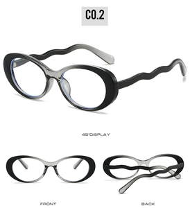Three-angle display of oval frame glasses with unique wavy temples in C0.2 colorway
