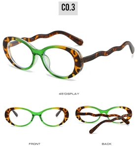 Three-way view of oval glasses showing green translucent frames and tortoiseshell temples