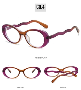 Detailed views of purple and orange gradient oval frames with unique wavy temples
