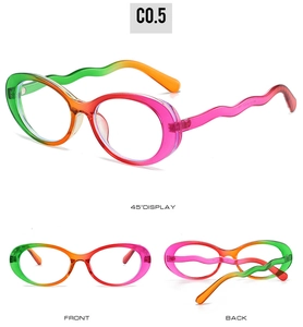 Detailed multi-angle view of oval rainbow frame glasses with unique wavy temples