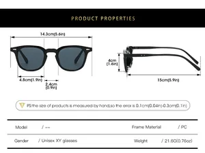 Size guide for square sunglasses showing frame dimensions and PC material specs