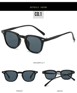 Detailed views of black square sunglasses with silver arrow rivets and dark grey lenses