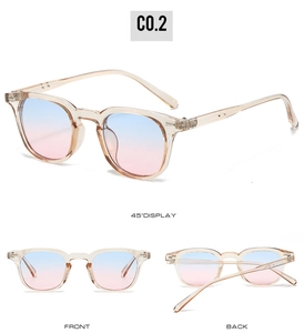 Three views of jelly brown square sunglasses with blue and pink gradient lenses