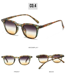 Three views of square tortoiseshell sunglasses with gradient lenses and metal rivet details