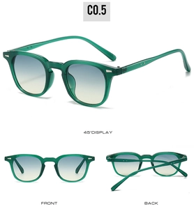 Detailed views of vintage square sunglasses with green resin frames and gradient lenses