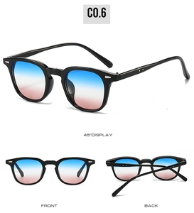 Three-angle view of square sunglasses with black frames and blue-pink gradient lenses