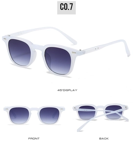 Detail view of square sunglasses with transparent white frames and purple gradient lenses