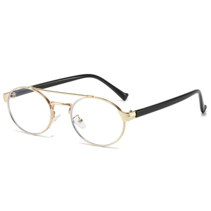 Retro double bridge oval sunglasses with gold metal frames and blue light lenses