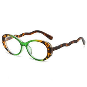 Oval bicolor glasses frame with green front and wavy tortoise shell marble temples