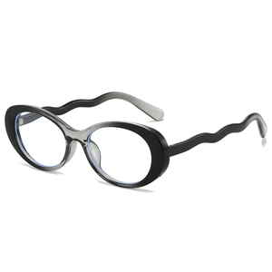 Oval fashion glasses with unique wavy temples in a stylish black and transparent gray frame