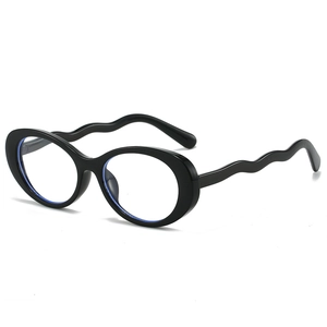 Fashionable black oval eyewear frame with unique wavy temples and blue light lenses