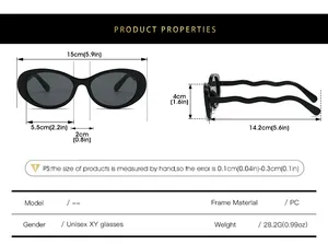 Detailed size chart for oval sunglasses with wavy temples showing frame and lens dimensions