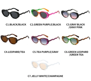 Detailed comparison of vintage oval sunglasses featuring wavy temples in seven assorted colors