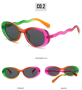 Three views of oval retro sunglasses with gradient frames and unique wavy temples