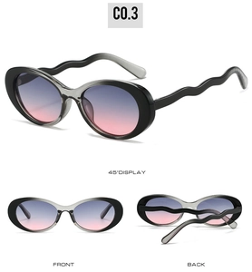 Detailed views of oval sunglasses with wavy temples and blue-pink gradient lenses