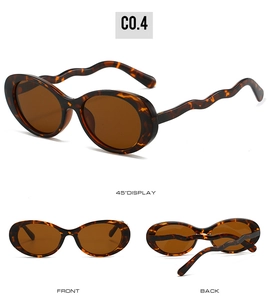 Detail view of oval tortoise sunglasses featuring unique wavy temples from multiple angles