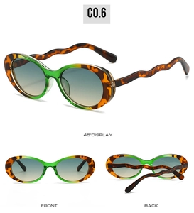 Three views of oval sunglasses with wavy temples and green tortoiseshell frames