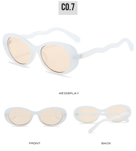 Three-way view of oval vintage sunglasses with white wavy temples and peach lenses