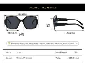 Size guide for square sunglasses showing lens width and frame measurements in detail