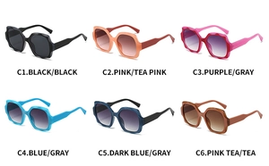 Selection of six geometric square sunglasses in black, pink, blue, and brown tortoiseshell