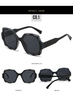Three-angle views showing irregular wavy frame and dark lenses of black square sunglasses