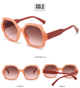 Detailed views of square sunglasses with translucent peach frames and gradient brown lenses