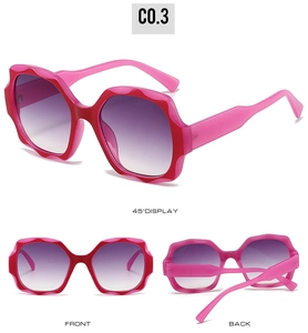 Three-view display of square geometric sunglasses with pink frames and purple gradient lenses