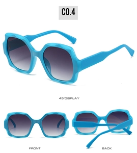 Detail view showing front, back, and 45-degree angle of turquoise wave frame sunglasses