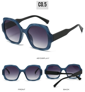Blue square sunglasses with purple gradient lenses showing front, back and 45 degree views