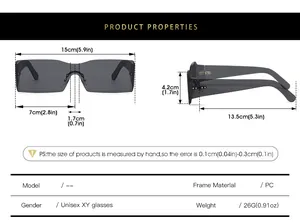 Detailed size chart for unisex rimless rectangular sunglasses with PC frame measurements
