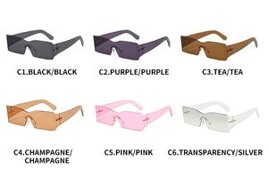 Macro display of rimless square sunglasses in six vibrant fashion-forward colors
