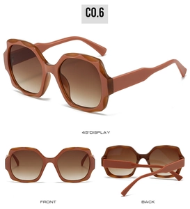Detailed multi-angle view of wave-edged rectangle sunglasses in translucent tea brown