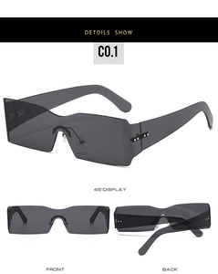 Detailed multi-angle views of grey rimless square sunglasses with fashion metal rivets