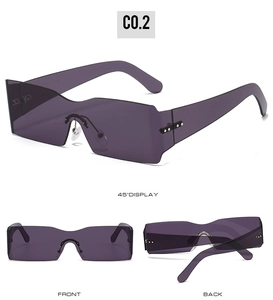 Three views of purple rimless rectangular sunglasses with rivet details and metal nose pads