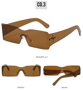 Detailed views of rimless one-piece brown sunglasses with rivet accents and metal hinges