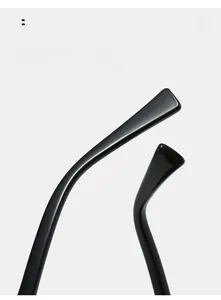 Close-up of ergonomic curved temple tips on black square sunglasses for comfortable wear