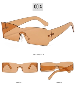Three-way view of orange frameless sunglasses with wave edge lenses and metal hinges