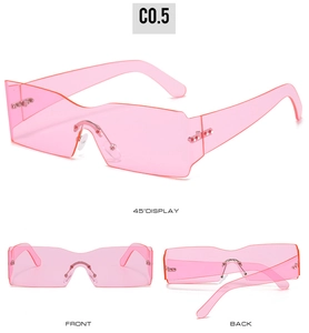 Three-way view of pink rimless square sunglasses with metallic hinges and C0.5 code