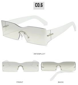 Detailed views of rimless grey gradient square sunglasses with wide white temples
