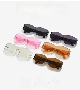Detail showing wave-edge rimless sunglasses with jelly colors and rivet fashion accents