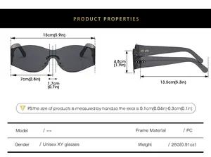 Detailed size guide for jelly color oversized rimless sunglasses with PC frame measurements