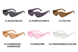 Detailed grid view of one-piece rimless sunglasses in six different jelly color variants