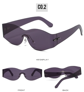 Three-way view of purple rimless shield sunglasses featuring metal nose piece and studs