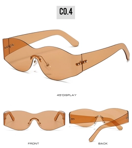 Detailed views of orange jelly lip-shaped rimless sunglasses with metal studs