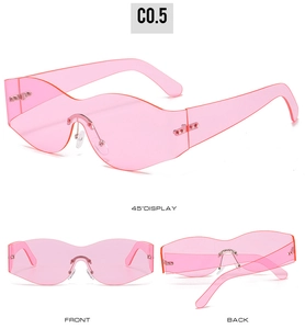 Detailed views of pink Y2K rimless sunglasses with wave-shaped jelly lenses and rivets