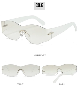 Detailed front, back, and 45-degree views of wavy rimless jelly color sunglasses