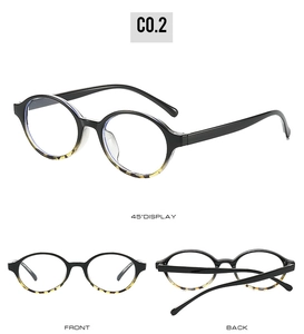 Detailed views of oval anti-blue light glasses with black and tortoise shell frames