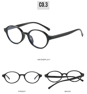 Detail view of oval black anti-blue light glasses showing 45-degree, front and back angles