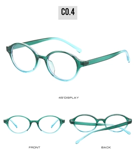 Detailed views of oval retro green gradient frames from front, back, and 45-degree angles